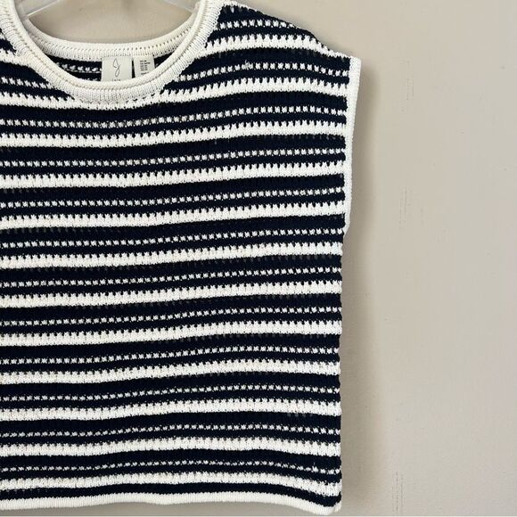 Joie Blue White Nautical Preppy Crew Neck Striped Short Sleeve Sweater-M - Picture 9 of 13